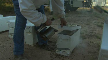 Beekeeper smoking out the bees.