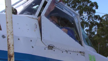 Controls in small plane. Pilot prepares for take off.