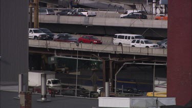 Close up on three layers of trafic in Boston