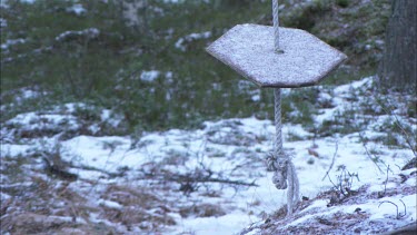 The end of a rope swing with a snowy background