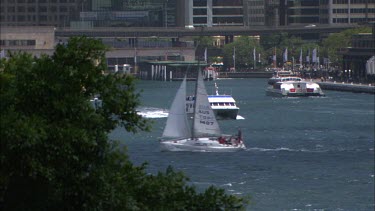 Sailingboats, motorboats, and ferries in Sydney, Australia.