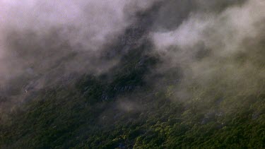 Mist flowing down over mountain