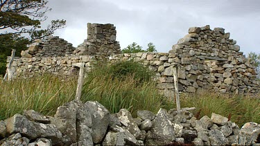 Aillenacally, Ireland's oldest village dating back to 500BC. Connemara, County Galway west coast of Ireland. Stone ruins of house with chimney.  Window frames frame view of outside.