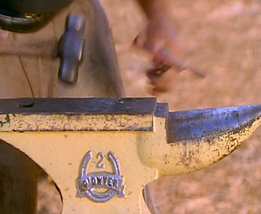 Farrier with horse-shoe. Fire and anvil. Cleaning horses hoof.