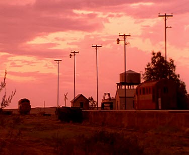 Sunset ghost trains. Broken ruin abandoned