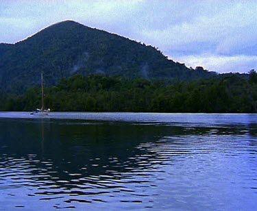 Yacht cruising up still river rainforest on banks.