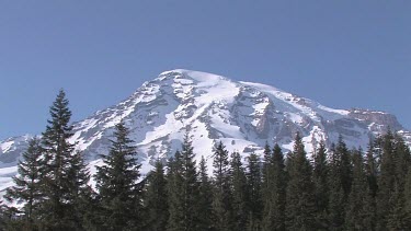 Mountain with snowy peak, blue sky and forest