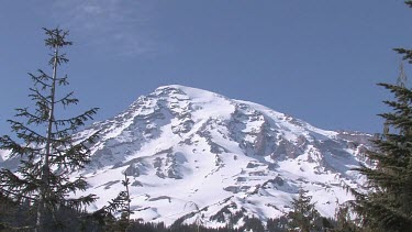 Mountain with snowy peak, blue sky and forest