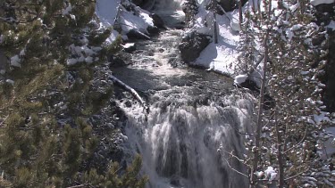 Cascading, rushing waterfall in early spring