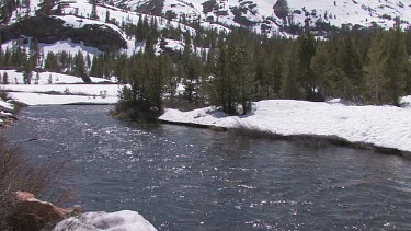 A river flows swiftly in the snowy mountains