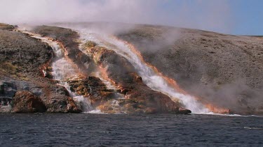 Closeup of colorful  hot creek flowing into a river in the Rocky Mountains