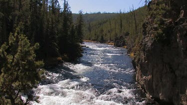 Sparkling and colorful blue river flows forest and canyons of the Rocky Mountains