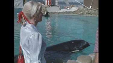 Valerie Taylor looks at orcas contained in small pool at San Diego Seaworld in the 1970s