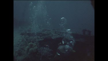 divers emerge from interior of shipwreck