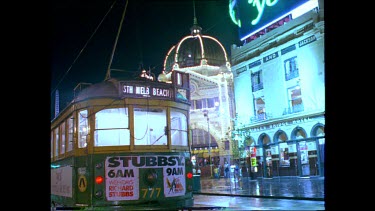 Trams at night. Fast speed.