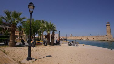 Lamp Post, Palm Trees & Harbour Lighthouse, Rethymnon, Crete, Greece