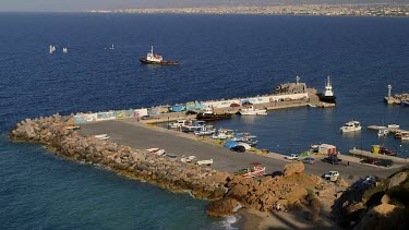 Fishing Boats & Tug In Harbour, Pantanassa, Crete, Greece