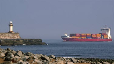 Container Ship, Lighthouse, South Gare, Redcar, England