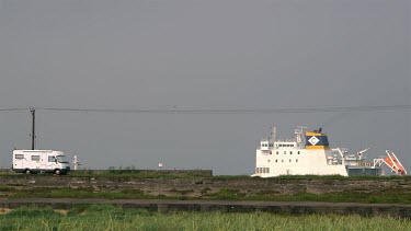 Container Ship Passing Harbour & Mobile Home, South Gare, Redcar, England