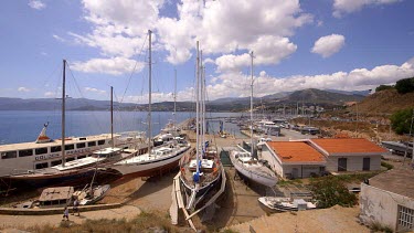 Yachts In Boat Yard, Agios Nikolaos, Crete, Greece