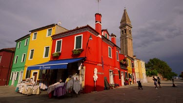 Red Yellow & Green Houses & Bell Tower, Burano, Venice, Italy