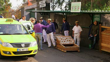 Taxi Brings Tourists To Start Of Sleigh Ride, Monte, Funchal, Madeira, Portugal