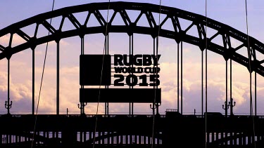 Silhouetted Tyne Bridge & Rugby World Cup 2015 Logo, Newcastle Upon Tyne, England