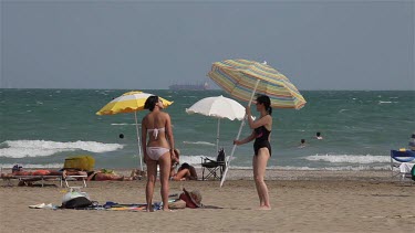 Tourists & Parasols On Beach, Lido, Venice, Italy