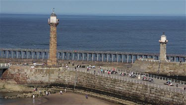 Beach, Twin Piers & Entrance To Harbour, Whitby, North Yorkshire, England