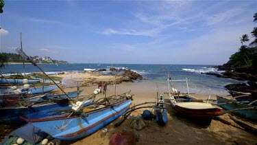 Blue Fishing Boats, Beach & Rocks, Tangalle, Sri Lanka