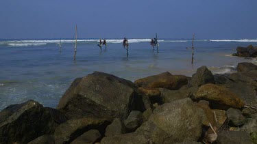 Stilt Fishermen & Rocks, Weligama, Sri Lanka, Asia