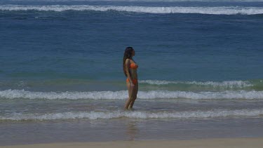 Model Walk On Beach In Orange Bikini, Midigama, Sri Lanka