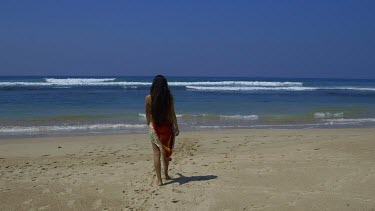 Model Walks On Beach In Multicoloured Shawl, Midigama, Sri Lanka