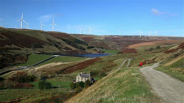 Walkers, Wind Turbines On Moor & Dam, Naden Lower Reservoir, Wolstenholme, Lancashire