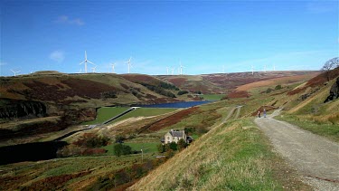 Walkers, Wind Turbines On Moor & Dam, Reservoirs, Wolstenholme, Lancashire