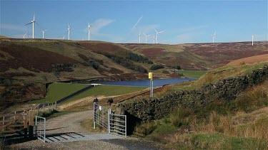 Cyclists, Wind Turbines On Moor & Dam, Naden Lower Reservoir, Wolstenholme, Lancashire