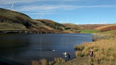 Family At Lake & Wind Turbines On Moor, Naden Lower Reservoir, Wolstenholme, Lancashire