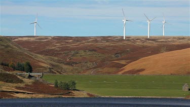 Wind Turbines On Moor & Dam, Naden Lower Reservoir, Wolstenholme, Lancashire