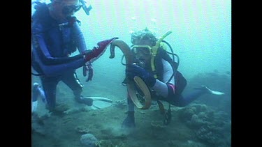 two divers touching a sea snake