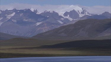 snow capped mountains with green hills and lake in foreground