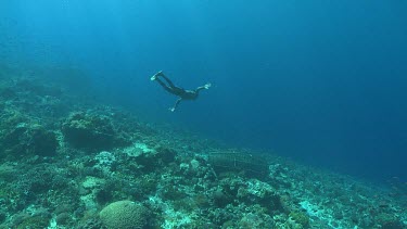 Fisherman swimming to an underwater fish trap on a reef