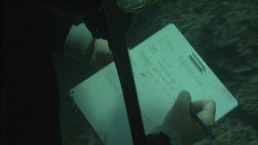 CU of diver's note book. Diver makes notes underwater