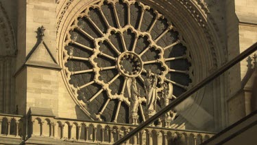 Stone facade of Notre Dame Cathedral, Paris, France