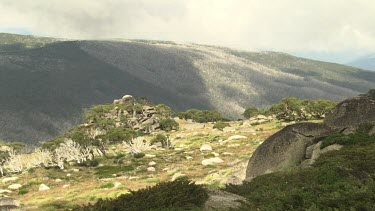 Rolling hills and a mountain landscape