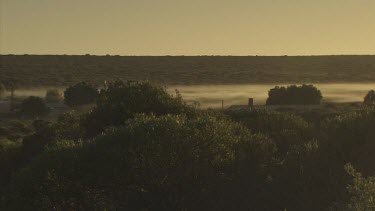 Morning fog over a small village and dense vegetation