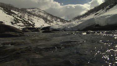 Stream flowing through snow-covered mountains