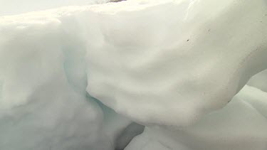 Close up of chunks of melting snow on dry grass