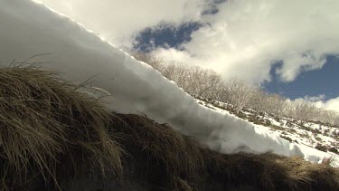 Close up of chunks of melting snow on dry grass