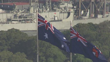 Close up of Australian flags atop the Sydney Harbour Bridge