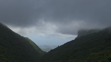 Fog over a forested mountain pass in Daintree National Park